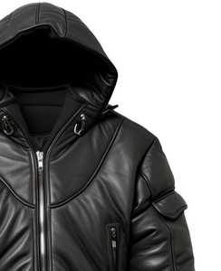 แจ็คเก็ตหนังแกะแท้สำหรับผู้ชายสีดำออกแบบได้ตามต้องการมีฮู้ดน้ำหนักเบาเสื้อขนเป็ดแบบถักสไตล์ลำลองเรียบ - Product Image 3