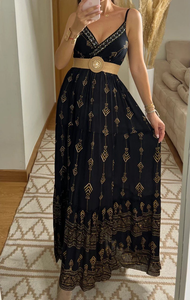 Robe Maxi Boho noire sans manches col en V robe longue brodée avec ceinture pour les femmes tenue de vacances Boho élégante - Product Image 3