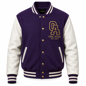 ONEAPEX Custom Purple Premium Wool Body <b>White</b> Leather Sleeves Chenille Hooded Breathable V-neck Collar Letterman <b>Jacket</b> OEM ODM - Product Image 2