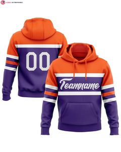 Custom Stitched for <b>Purple</b> White-Orange Line Sports Pullover Sweatshirt <b>Hoodie</b> 100% Cotton Plain Dyed Front Logo Winter Solid - Product Image 1