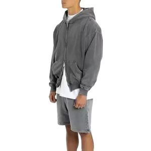 ชุดเซ็ตเสื้อฮู้ดซิปและกางเกงขาสั้นผู้ชายสไตล์วินเทจ ล้างสีแบบแอซิด  ชุดสองชิ้นสำหรับผู้ชาย เสื้อฮู้ดซิปคู่สำหรับผู้ชาย - Product Image 4