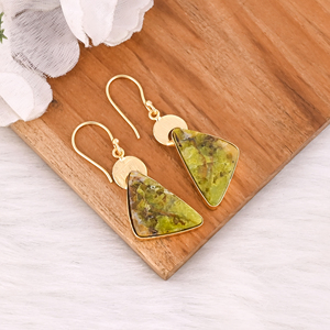 Pendientes Colgantes de Latón Antiguo para Mujer, Pendientes de Gota con Piedra de Ópalo Verde, Pendientes Hechos a Mano de Latón de Alta Calidad, Pedido al por Mayor - Product Image 2