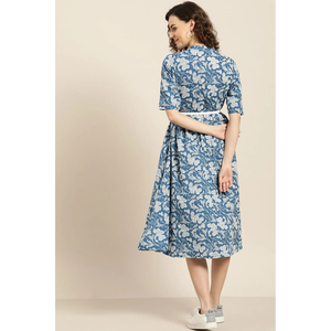 Vestido Midi de Algodón Estampado Azul para Mujer, con Cinturón, Estilo Casual Elegante, Cuello Mandarín, Cintura Imperio, Tallas XS-XL, para Uso Diario y de Oficina - Product Image 5