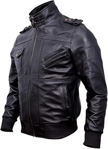 Blouson aviateur en cuir véritable noir pour homme avec cuir d'agneau véritable ciré marron imperméable respirant pour l'hiver - Product Image 4