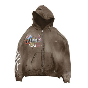 Sudadera con capucha lavada con ácido vintage personalizada para hombre, Jersey estampado desgastado francés pesado sin hilo, Sudadera con capucha bordada de invierno - Product Image 2