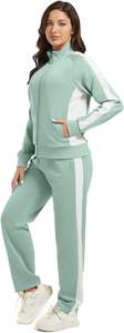 Femmes décontracté Gym Jogging costumes à manches longues complet fermeture éclair survêtement ensemble poches bouton décoration toile tissu 2 pièces tenues - Product Image 2