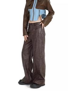 REDDACHIC Pantalones casuales de cuero marrón para hombre, de pierna ancha, con botones, estilo retro de los años 90, desgastados, drapeados, sueltos, rectos, minimalistas, coreanos - Product Image 5