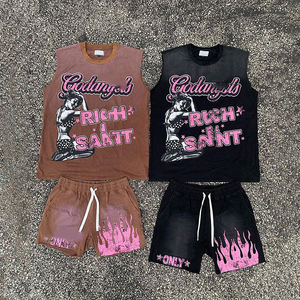 Custom Cotton Heavyweight Dtg Graphic High Quality Vintage Acid Washed t Shirt tank Top Men <b>Sleeveless</b> Shorts Sets Manufacturer - Product Image 4