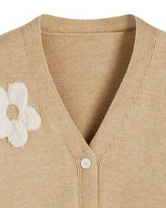 Customized Women Camel <b>Brown</b> Knit <b>Cardigan</b> Sweater With White Flower Applique V Neck Button Front Casual Winter Fashion Top - Product Image 5