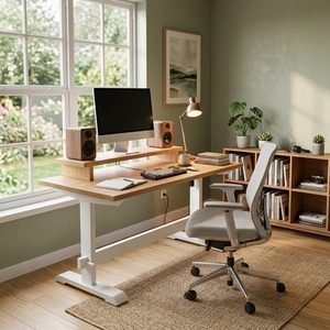 Bureau debout réglable en teck massif avec étagère surélevée pour moniteur, cadre en acier blanc, table de travail ergonomique moderne pour bureau à domicile - Product Image 3