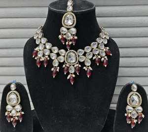 Conjunto de joyería de estilo victoriano Polki Kundan Ad Stone con tamaño ajustable para boda compromiso aniversario hecho perla de imitación - Product Image 2