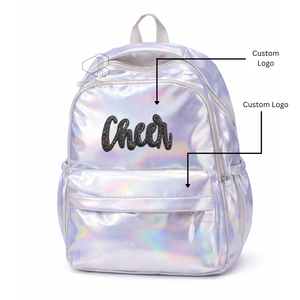 Sac à dos holographique pour cheerleading avec logo brodé, sac scolaire brillant multi-usages et sac de pratique de danse pour filles - Product Image 1