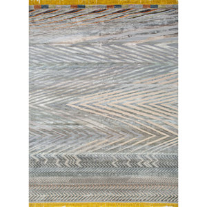 Alfombra Manchaha Azul de Lana y Seda de Bambú Anudada a Mano, Rectangular Grande con Diseño de Chevrons y Patchwork para el Hogar, Modelo Les-1951 para Pasillo - Product Image 1