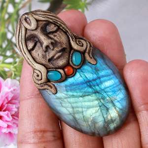 Collar de arcilla polimérica de labradorita, colgantes, cuentas chapadas en oro, fabricación de joyas, abalorios de patrón numérico con perlas, piedra principal - Product Image 5