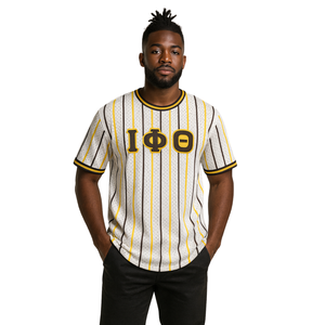 Iota Phi Theta White Pinstripe Pullover Baseball Jersey 100% Polyester Mesh Fraternity <b>T</b> <b>Shirt</b> with Embroidered Applique Logos - Product Image 1