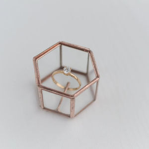 La plus petite boîte à bijoux en verre en forme d'hexagone avec cadre en métal poli doré, parfaite pour ranger bagues, colliers et accessoires fins - Product Image 1