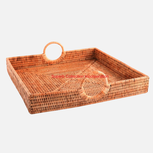 Bandeja de servicio redonda tejida de ratán Natural hecha a mano con asas bandeja decorativa ecológica para mesa de cocina y decoración del hogar - Product Image 6