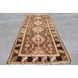 Tapis turc marron et rose vintage 4ft 9in X 11ft 2in tapis en laine tissée à plat avec support en latex pour décorations de salon - Product Image 1