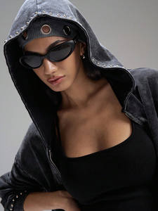 Sweat à capuche en coton polaire à double fermeture éclair pour femme Sweat-shirt coupe courte Rhinestone Distress Acid Washed Drop Shoulder Hoodie - Product Image 6