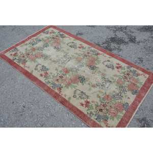 Vintage Turkish Rug Beige Red 3.4 X 6.1ft Large Area Woolen Patchwork Design for Hallway Bedroom Latex for Living Room Bedside - Product Image 4