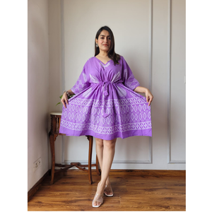 Custom Made <b>Loose</b> Summer Ethnic Cotton Printed Kaftan-Short <b>Dress</b> with V-Neck Natural Waist for Boutique Resellers - Product Image 1