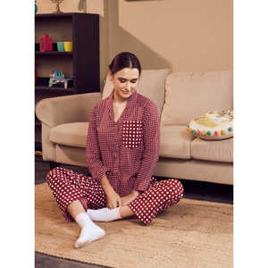 Luxury <b>Women's</b> Cherry Checks Long Sleeves Pajama Set Soft Breathable Woven Fabric Elastic Waist Closure Custom Logo <b>Thermal</b> - Product Image 1