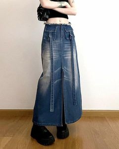Falda Maxi Vaquera de Cintura Alta para Mujer, Color Sólido, Botones Frontales, Bolsillos con Abertura, Estilo Utilitario, Tela de Algodón para Otoño - Product Image 4