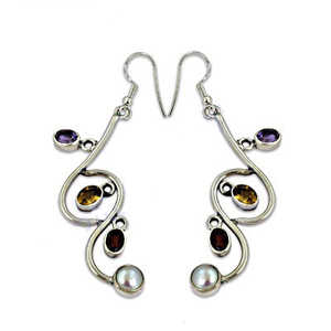 Boucles d'oreilles pendantes vintage pour femmes en argent 925 avec pierres précieuses multiples, perle d'eau douce et émeraude, motif de fleur en diamant pour mariage - Product Image 1