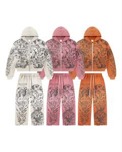 Ensembles de pantalons de survêtement à capuche 400GSM Fleece Distressed Tracksuits Unisex Sweatsuits 2 Piece Set Distressed Sweatsuit Black friday Sale - Product Image 1