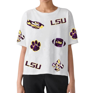 Camiseta de algodón súper suave para mujer, camiseta de estilo informal a la moda, con lentejuelas bordadas a mano, logotipo personalizado, transpirable, holgada, para el día del juego - Product Image 5