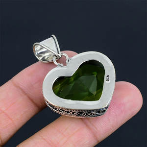 Vintage Opal Sterling Silver Rhodium Plated Engagement Wedding Party Pendant Handmade 15mm Heart Shape Bezel Set - Product Image 3