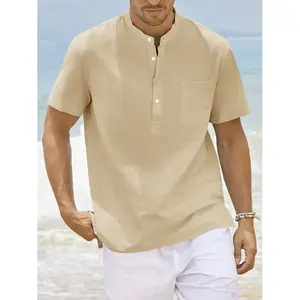 Chemise Henley en lin pour homme, col uni, manches courtes, fermeture pour le quotidien, les occasions professionnelles, les occasions formelles d'été, haut décontracté en taille XL - Product Image 2