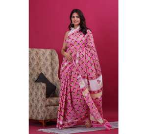 Mulmul Sari léger en coton à séchage rapide pour femmes, bloc dessiné à la main, vêtements de fête imprimés pour l'été, vêtements indiens/pakistanais - Product Image 1