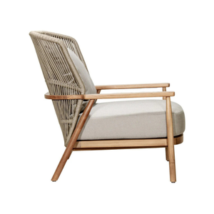Fauteuil de salon d'extérieur moderne en corde tressée à la main avec cadre en teck massif, design à dossier ouvert et siège rembourré épais pour usage en villa - Product Image 4