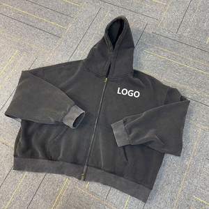 Boxy Fit Custom Acid Washed Hoodies 350Gram Heavy Weight Oversized Men's Cropped Distressed Zip up Puff Print Hoodies - Product Image 2