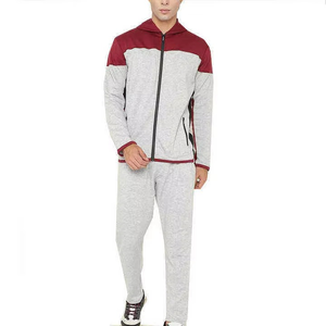 Ensemble de survêtement à capuche pour homme, gris et rouge, blocs de couleur, manches longues, fermeture éclair, poches latérales, tenue décontractée pour l'automne - Product Image 1