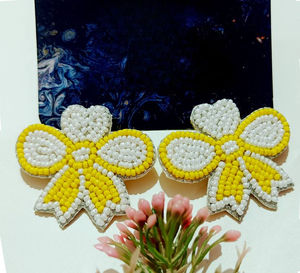 Boucles d'oreilles goutte arc jaune fait à la main perle de rocaille bijoux broderie fête déclaration accessoires classique mode unisexe personnalisé - Product Image 2