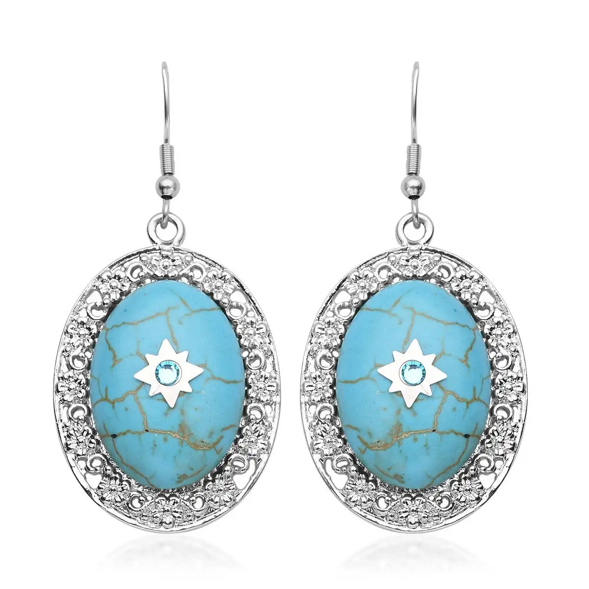 Blue Howlite and Light Blue Austrian Crystal Drop Earrings in Silver tone and 925 Sterling Silver 35.00 ctw