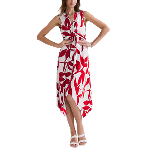 Vestido Floral en Línea A, Escote Profundo en V, Dobladillo Irregular, Sin Mangas, Largo Midi, Cintura Natural, Tinte Liso, 100% Poliéster, Ligero - Product Image 1