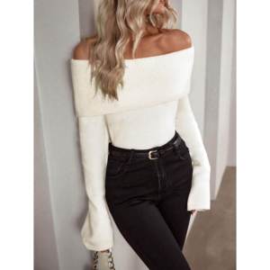 Pull en tricot côtelé à manches longues et épaules dénudées pour femme, couleur blanc cassé, pour l'automne et l'hiver - Product Image 3