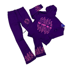 Conjunto de chándales de dos piezas ecológicos con diseño de retazos personalizado para hombre, Sudadera con capucha morada y pantalón acampanado - Product Image 1