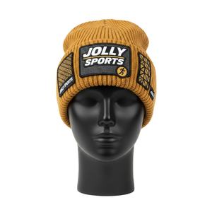 Gorro de punto acrílico para mujer, tejido elástico suave, estilo invierno, color mostaza, logotipo personalizado bordado, insignias, gorro jacquard. - Product Image 1