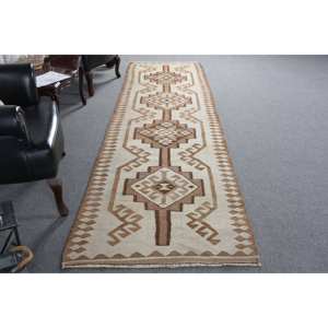 Alfombra de área Kilim turca Vintage 31X118 pies marrón Beige tejido plano lana látex respaldo Patchwork para decoraciones de sala de estar - Product Image 4