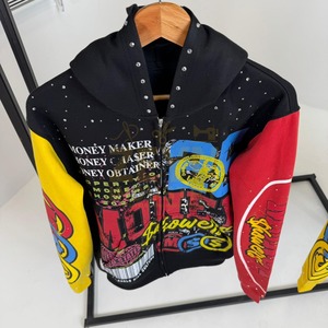Streetwear pour hommes Sweats à capuche imprimés en blocs de couleurs Money Graphic Zip Up Fashion Hip Hop Sweatshirts à capuche avec strass imprimés OEM - Product Image 5
