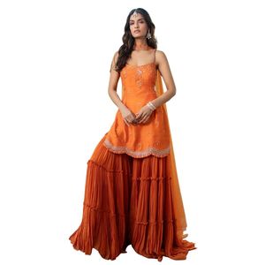 Orange <b>Raw</b> <b>Silk</b> Hand Work <b>Kurti</b> Sharara Set Luxury Wedding and Festival Wear <b>Designer</b> Outfit for Elegant Women - Product Image 1