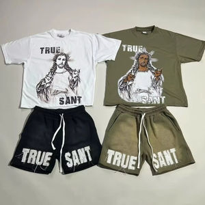 Personalizado nueva moda color sólido hombres jogging ropa deportiva camiseta conjunto corto personalizado 100% algodón impreso estilo para hombres chándal - Product Image 1