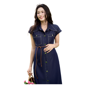 V1425 Vestido vaquero para mujeres embarazadas suave y fresco absorbente de sudor seda Denim 2 bolsillos en el pecho bolsillos laterales - Product Image 1