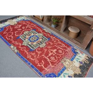 Alfombra Turca Vintage de Gran Tamaño, 3.3 x 7.8 pies, Ecológica, Diseño Clásico de Retazos Rojo y Azul, Lana de 10 mm, Forma Rectangular de Látex - Product Image 4