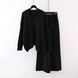 Femmes col en v irrégularité pull pull taille haute ample jambe large pantalon tricoté 2 pièces ensembles automne hiver mode ensemble - Product Image 5