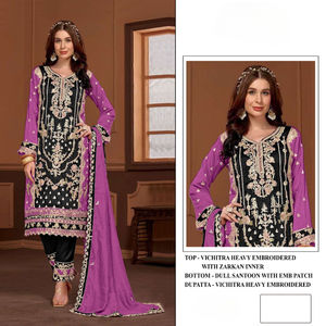 VICHITRA Lourd Brodé Style Traditionnel Semi-Cousu Salwar Kameez Pakistanais pour Toutes les Occasions ZARKAN Design Fait Soie - Product Image 2